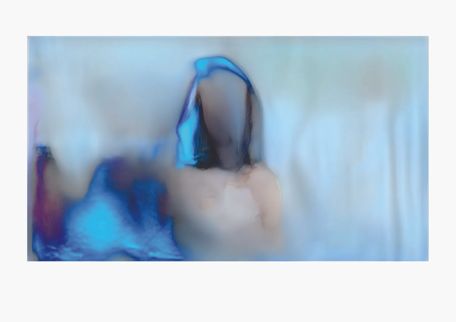 A full look at a print of a blue, glitchy still of "Being represented by data is like losing a part of yourself"