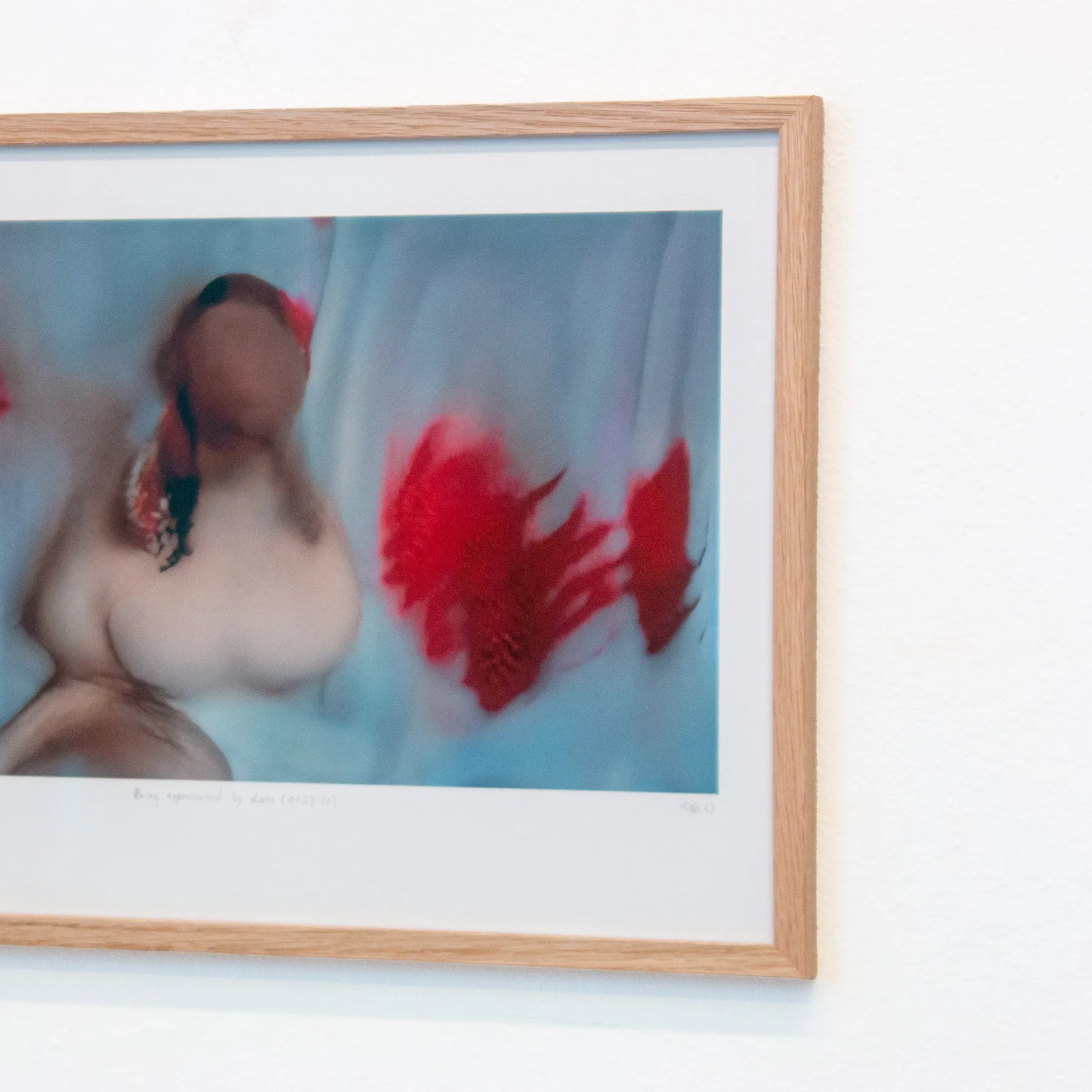 A sideways look at a framed version of a red, glitchy still of "Being represented by data is like losing a part of yourself"