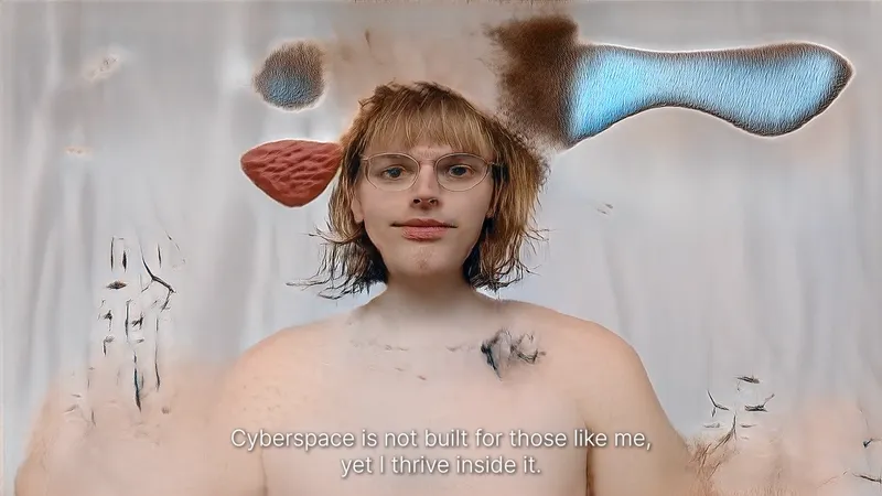 A screenshot from the video work showing a distorted Ada and the text "Cyberspace is not built for those like me, yet I thrive inside it."
