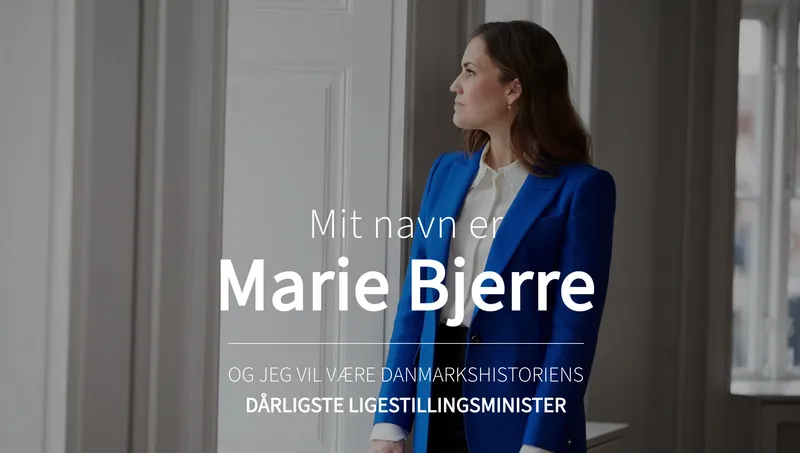 A screenshot from the mariebjerre.com website header, which shows Marie Bjerre and the text 'Mit navn er Marie Bjerre og jeg vil være danmarks­historiens dårligste ligestillings­minister'