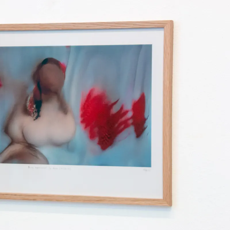 A sideways look at a framed version of a red, glitchy still of "Being represented by data is like losing a part of yourself"
